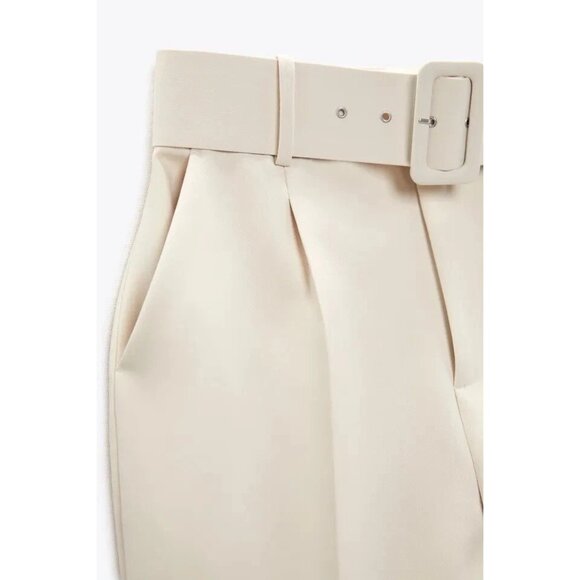 NWOT ZARA XS High-Waist Trousers With Wide Belt Neutral Cream High Rise - Picture 8 of 16